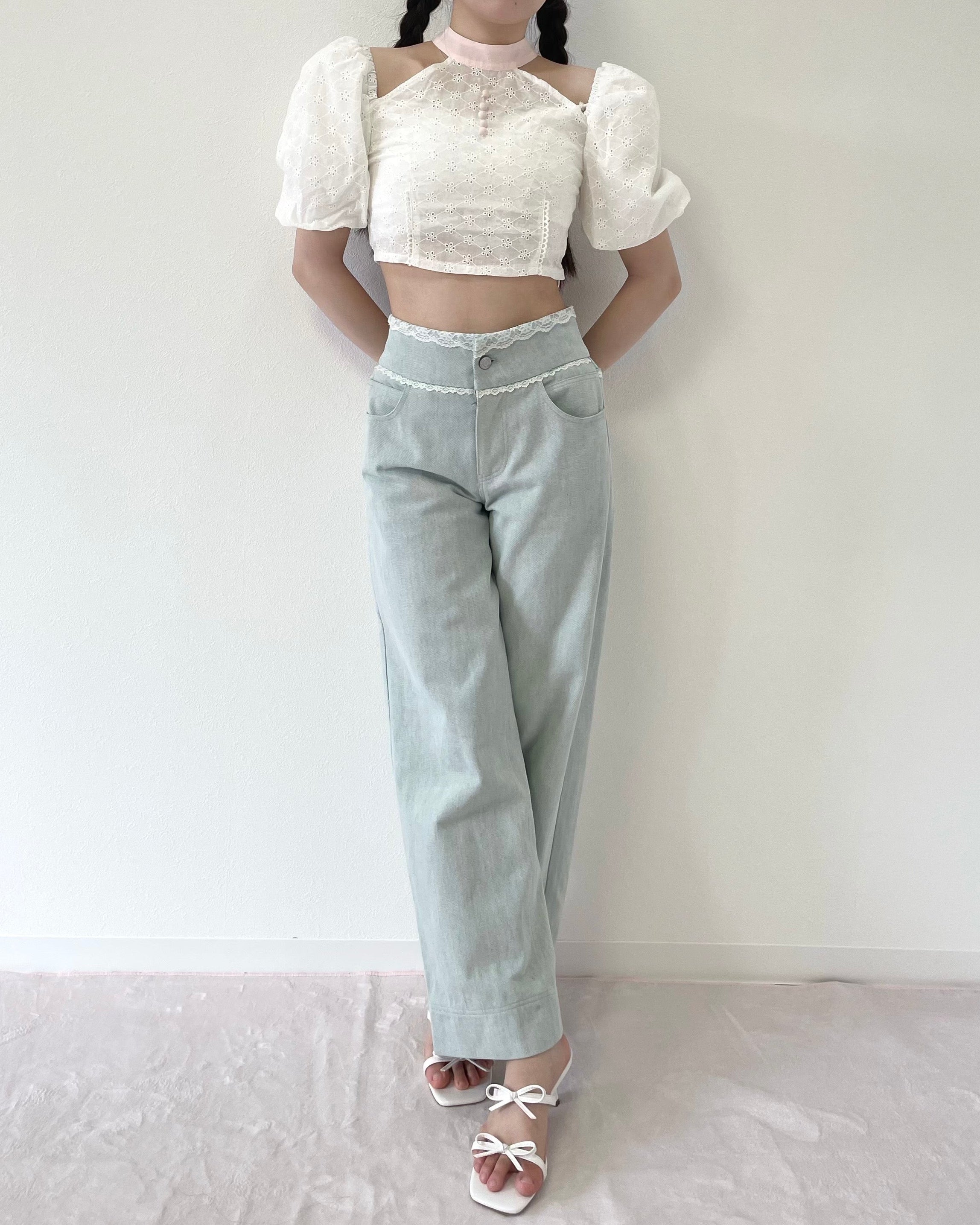 lace short puff blouse