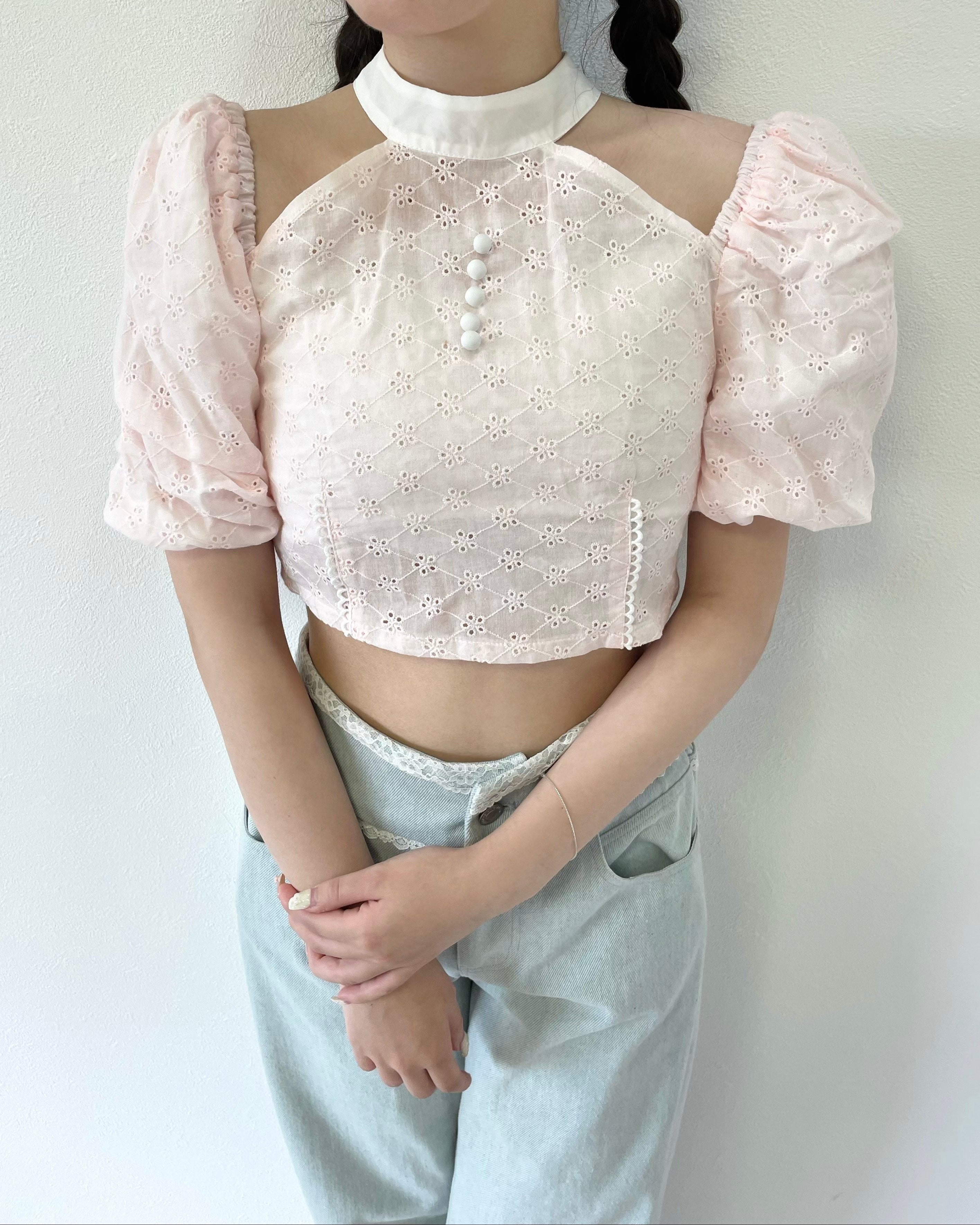 lace short puff blouse