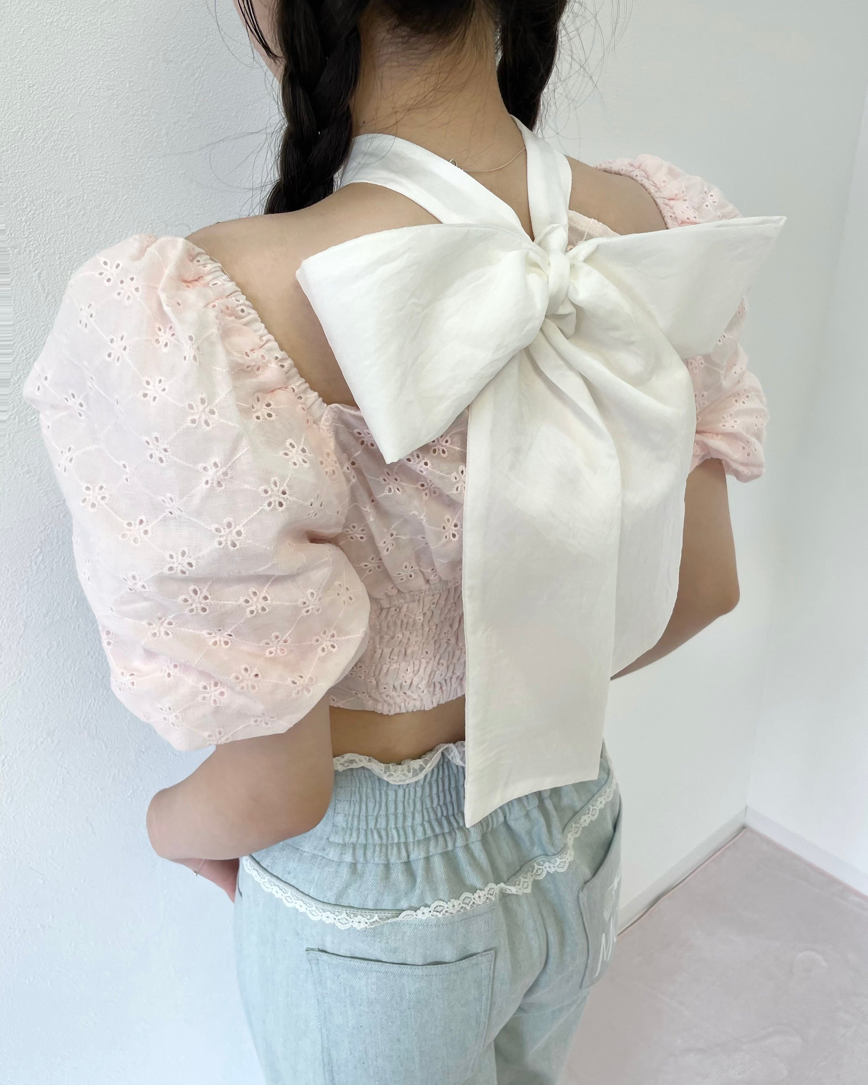 lace short puff blouse