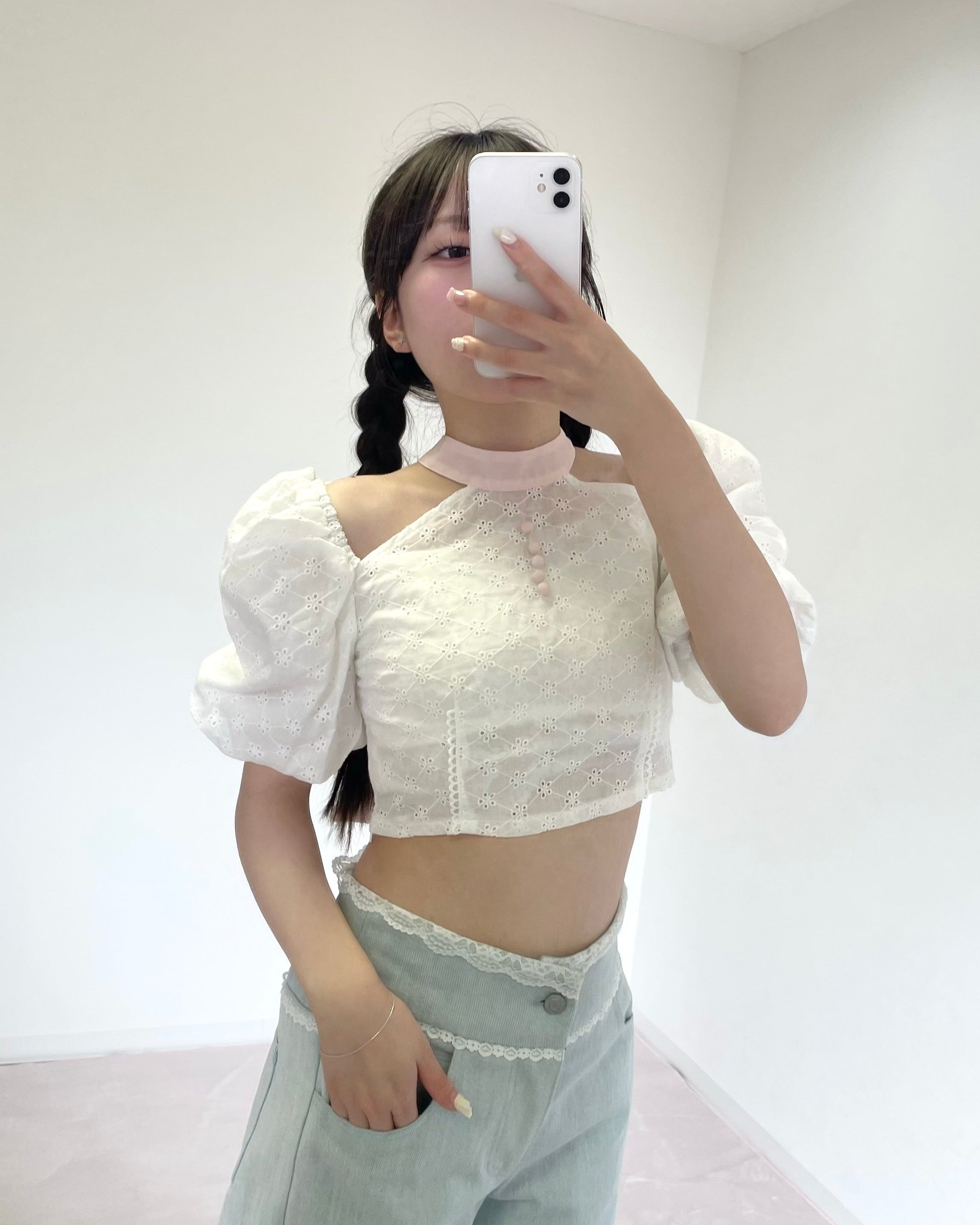 lace short puff blouse