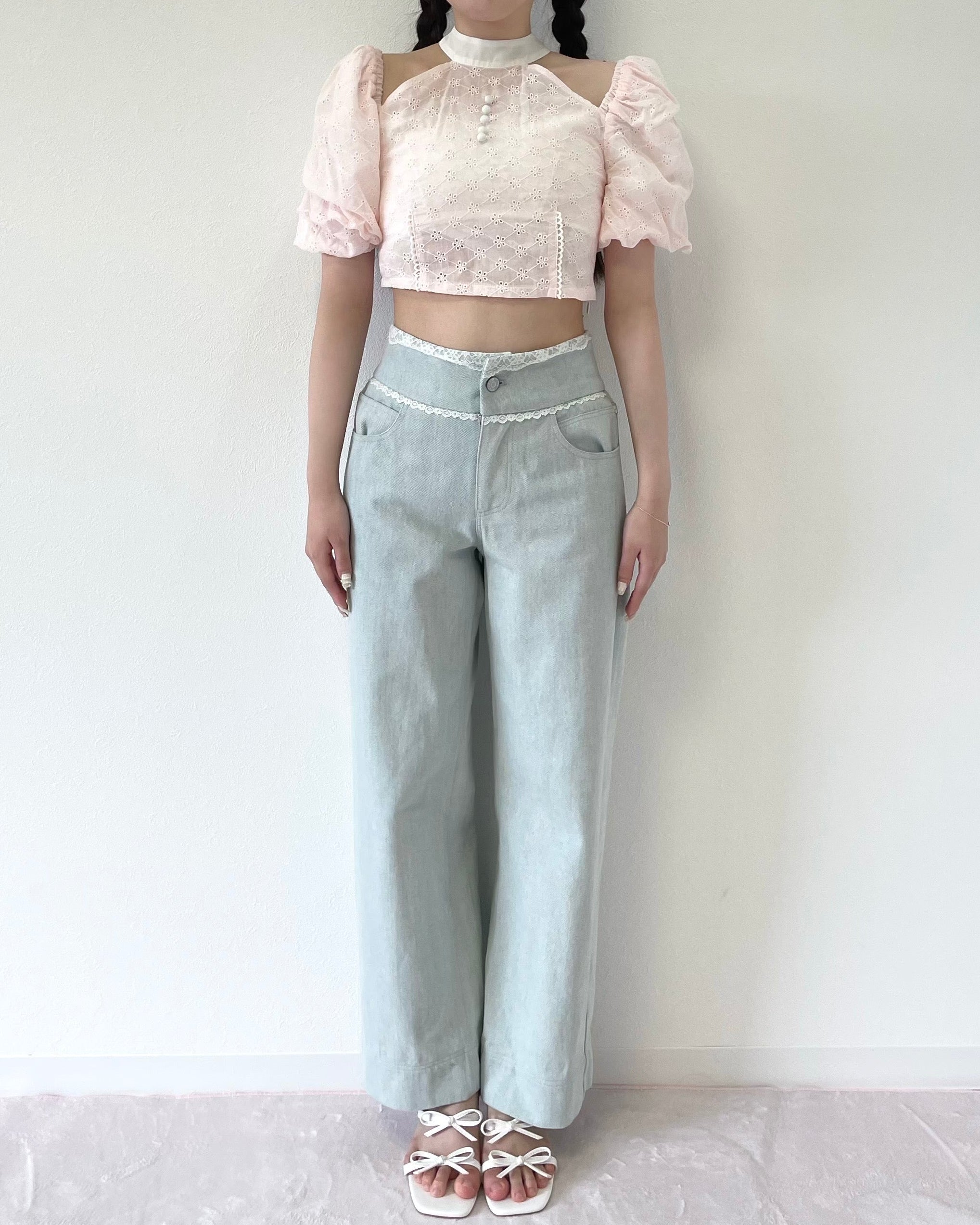 lace short puff blouse